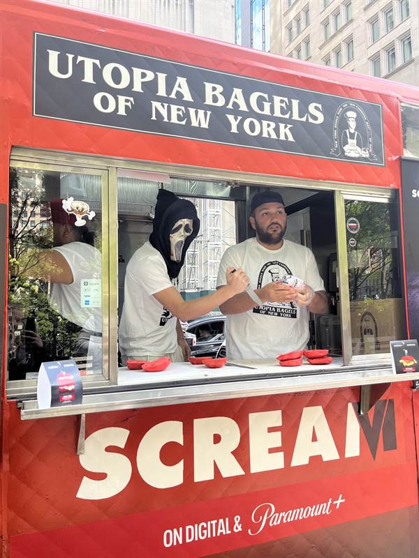 Satisfy Your SCREAM Cravings with a Blood-Red Bagel: SCREAM VI x Utopia Bagels Collaboration fetchpriority=