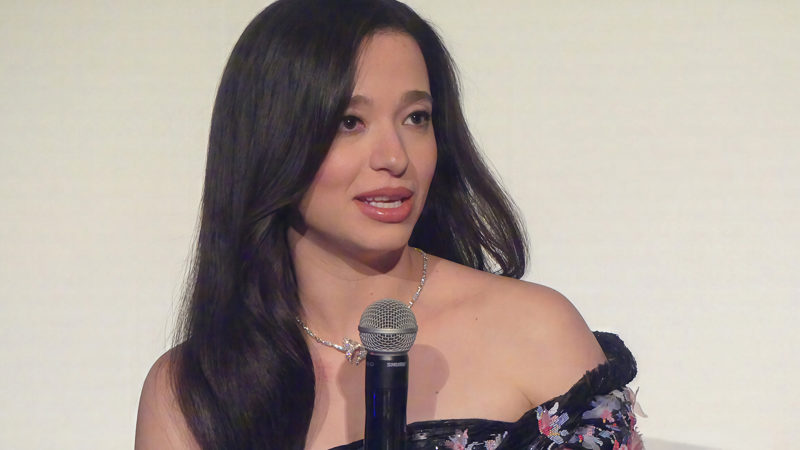 Mikey Madison speaks during The Social Reckoning premiere Q&A at the Pathé Palace in Paris.