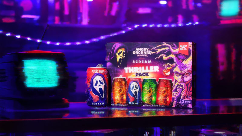 Angry Orchard Scream Thriller Variety Pack featuring Mystery Caller, Caramel Apple Curse, Blood Orange, and Headless Pumpkin hard ciders.