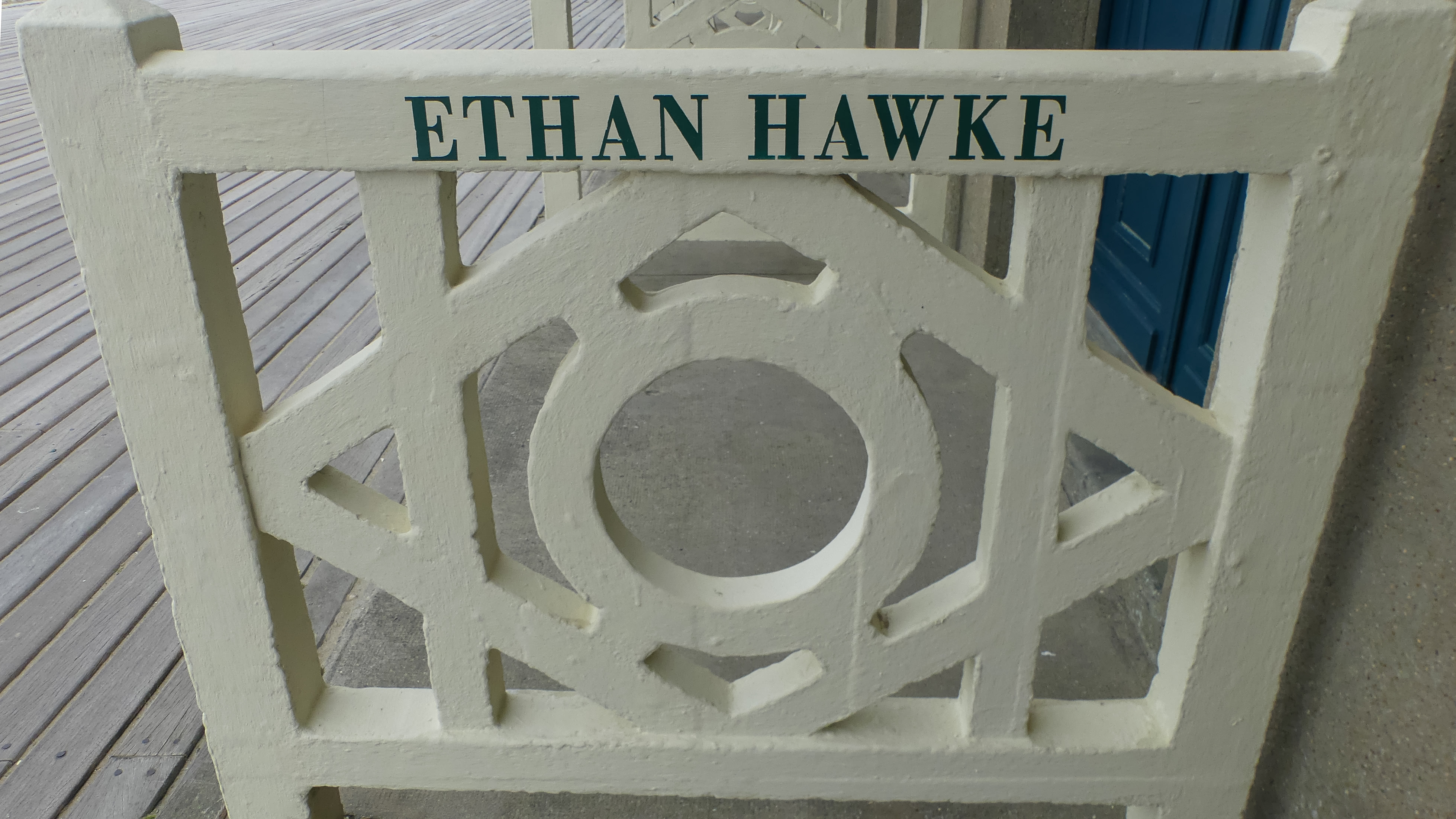 Ethan Hawke’s name on a post along Deauville’s Les Planches promenade during the 2026 Deauville American Film Festival.