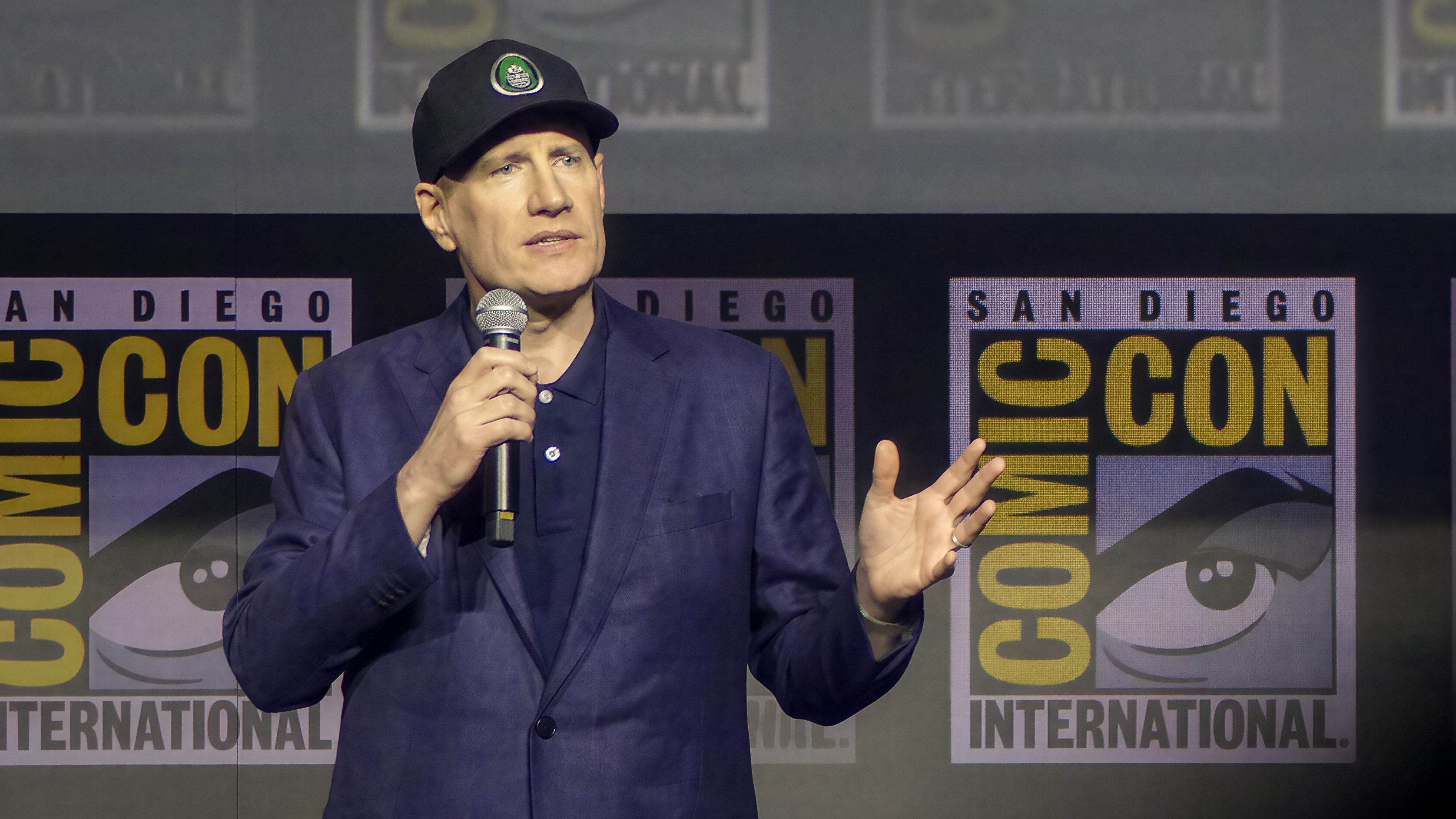 Marvel Studios President Kevin Feige speaks during the Hall H presentation at San Diego Comic-Con 2026.